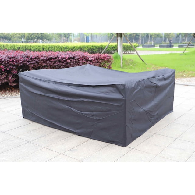 Waterproof Patio Table Cover 40" Inch in grey polyester with PE coating, covering a rectangular outdoor table and chairs on a tiled patio, designed to protect furniture from rain, snow, wind, and UV damage with a securing tie, suitable for all-season outdoor use.