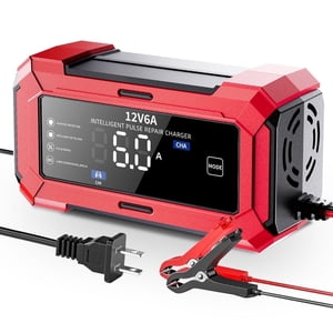 Chargeur de batterie 6-Amp 12V Chargeur de batterie intelligent automatique, désulfateur d'entretien de la batterie avec compensation de température pour camion moto Tondeuse marine