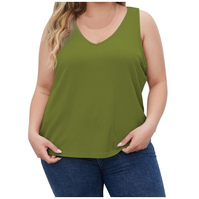 Timegard Womens Plus Size Tank Tops Ribbed V-Neck Comfy Casual Loose Shirt Top Basic Tee Blouse Undershirts