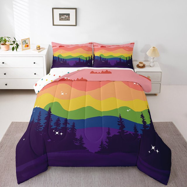Erosebridal Rainbow Wave Stripe Bedding Full Comforter Set, Jungle Tree Silhouette Down Comforter, Reversible 3pcs