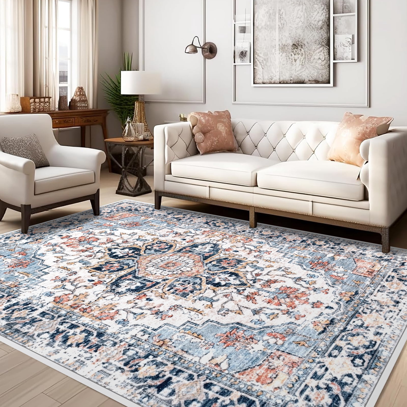6'7"x10' Area Rugs, Vintage Persian Rug Washable Non-Slip Carpet for Living Room Bedroom, 7x10, Red