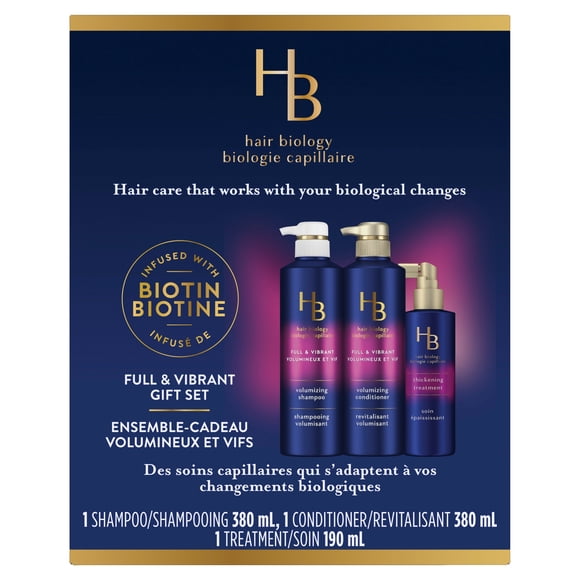 Hair Biology – Full & Vibrant Set with Biotin - 380mL Volumizing Shampoo, 380mL Volumizing Conditioner, 190mL Thickening Treatment for fine or thin hair