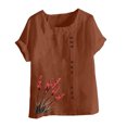 thumbnail image 4 of Pisexur Hauts pour Femmes Décontractés en Lin Col Rond Grande Taille Imprimé Manches Courtes T-shirt Blouse, Hauts d'Été pour Femmes Café, 3TG, 4 of 5