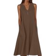 thumbnail image 1 of Ohufall Robe Femme en Coton et Lin à Col en V Sans Manches Décontractée Robe Débardeur Unie Confortable avec Poches Robe Midi d'Été Chic, 1 of 5