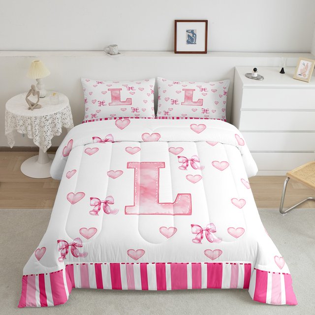 Erosebridal Ensemble de Literie Lettre Initiale L, Couette Monogrammée, Décor Nœud Kawaii, Réversible 2 Pcs