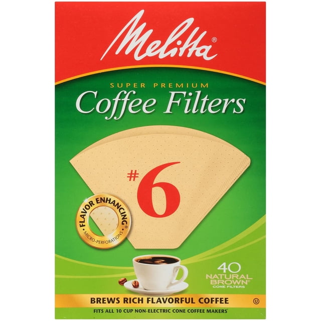 Melitta Super Premium Natural Brown Cone Coffee Filters pack with size #6 natural brown cone filter featuring patented flavor enhancing micro-perforations for rich, smooth coffee extraction, suitable for 10-cup non-electric cone coffee makers, includes 40 compostable filters.