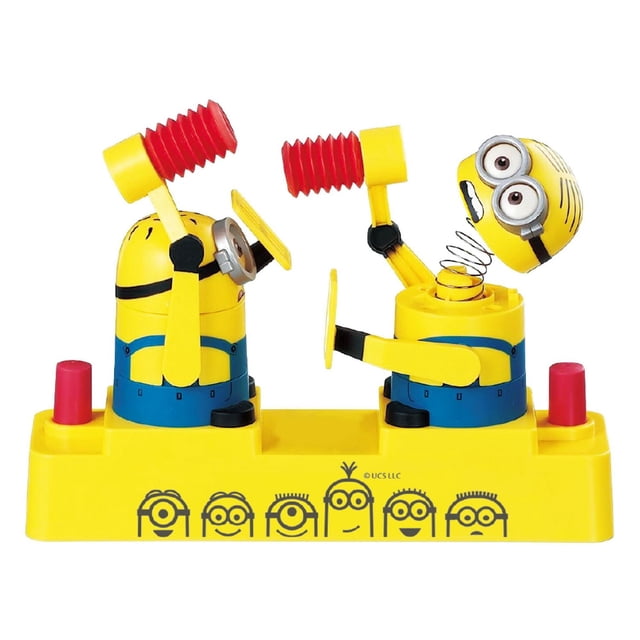 Epoch Games Minions Hammer POP tabletop action game for 2 players featuring two yellow Minion figures in blue overalls on a yellow base, each holding a red spring hammer; when hit, a Minion's head pops up on a spring, suitable for ages 4 and up and ideal for family game nights.