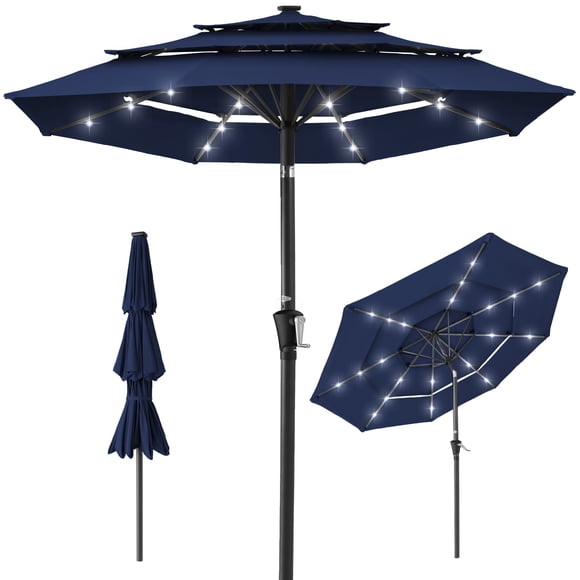 Best Choice Products 10ft 3-Tier Solar Patio Umbrella w/ 24 LED Lights, Tilt Adjustment, Easy Crank - Navy Blue