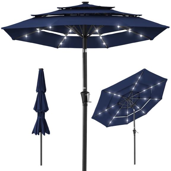 Best Choice Products 10ft 3-Tier Solar Patio Umbrella w/ 24 LED Lights, Tilt Adjustment, Easy Crank - Navy Blue