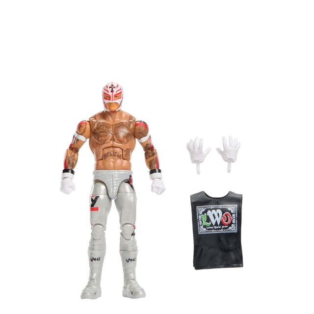 WWE Figurine Articulée Elite Rey Mysterio, Ensemble Série No 125, Collection 6 Pouces avec Tatouages TrueFX Détaillés sur un Torse Musclé, Portant un Pantalon de Lutte Blanc avec accents Noirs et Rouges, Bottes Blanches et Gants. Comprend Deux Mains Blanches Interchangeables et un Gilet Sans Manches Noir Présentant le logo LWO.