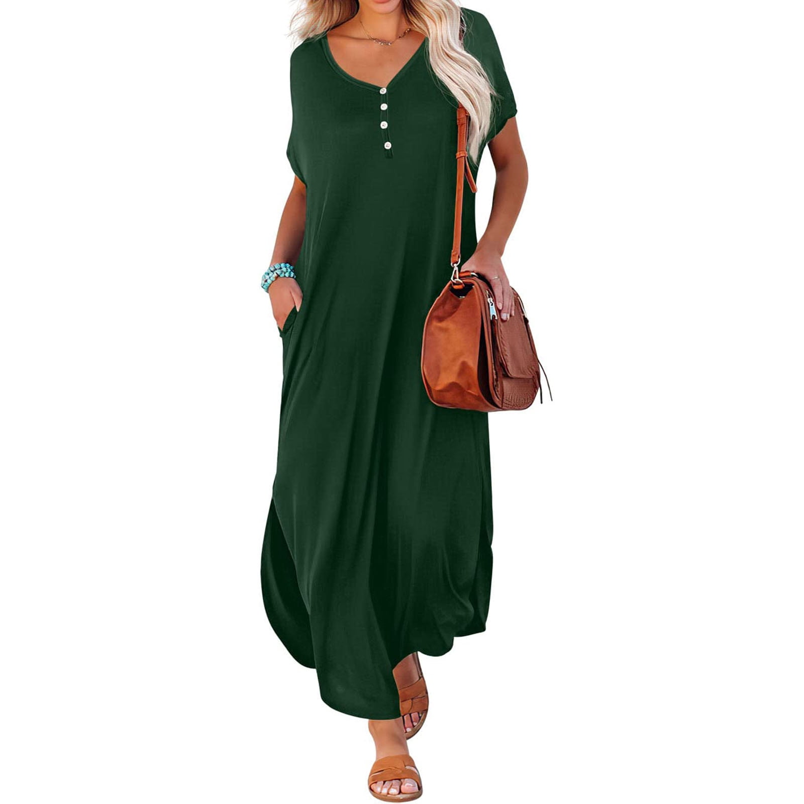 Robes Grande Taille pour Femmes Été Décontracté Manches Courtes Col en V Robe Évasée Décontractée Maxi Robe de Plage avec Poches Robes de Soirée pour Femmes Élégantes en Liquidation