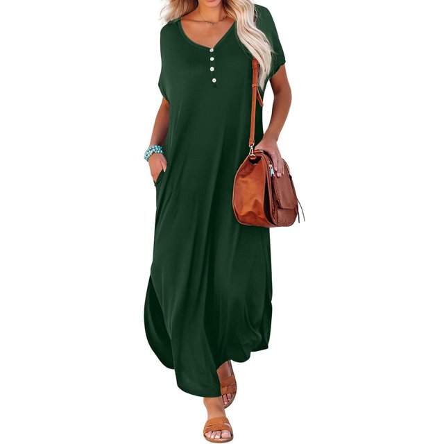 EQWLJWE Robe pour Femme Liquidation Robe d'Été Décontractée pour Femme à Manches Courtes Col en V Robe Évasée Robe Maxi Décontractée de Plage avec Poches Robes pour Femmes Grande Taille