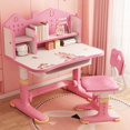 thumbnail image 2 of Kids Functional Desk Chair Set, Height Adjustable Children School Study Desk with Castle Backboard, Widened Desktop, Bookstand and Storage Drawer (Pink)-Pink, 2 of 8