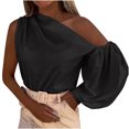 thumbnail image 1 of Pompotops Mode Femmes Solide une Épaule Manches Longues Chemises Décontractées Tops, 1 of 8