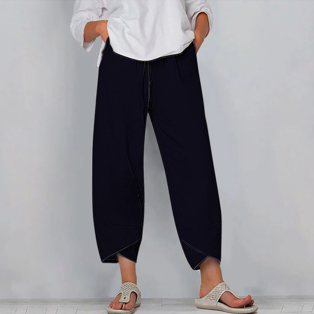 RXIRUCGD Women's Summer Comfortable Loose Wide Legged Fashion Solid Color Capris, Dark Blue, Size: M