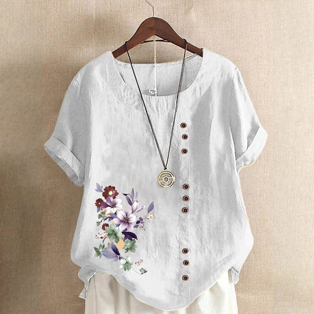 Blouses pour Femmes, Haut Décontracté en Lin Imprimé à Manches Courtes avec Boutons