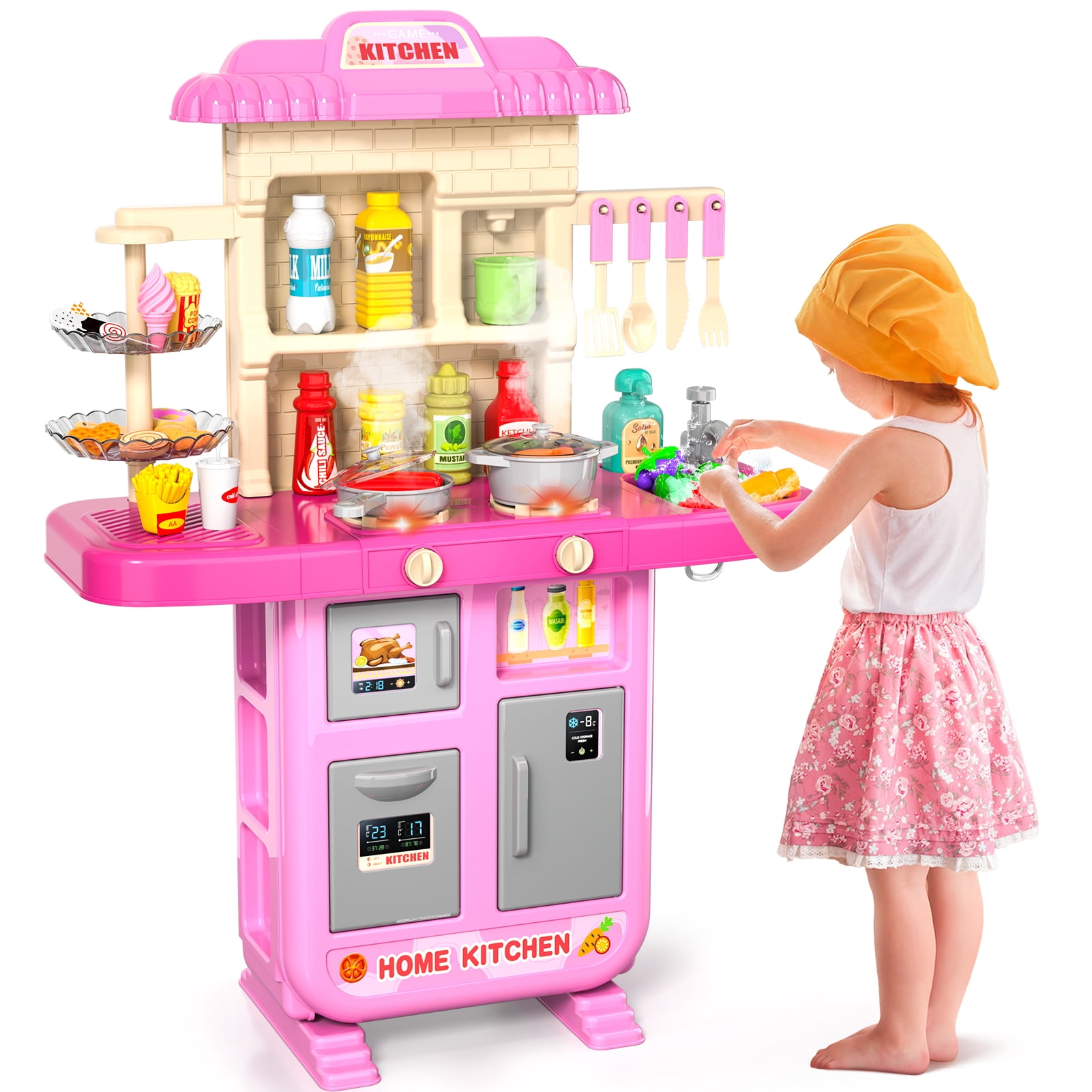Kids Kitchen Playset, Play Kitchen Set with Sounds and Lights for Girls Kids 3-5 6-8, Pretend Food Toy Kitchens Christmas Birthday Gifts for Kids 3 4 5 6 7 8 Years Old