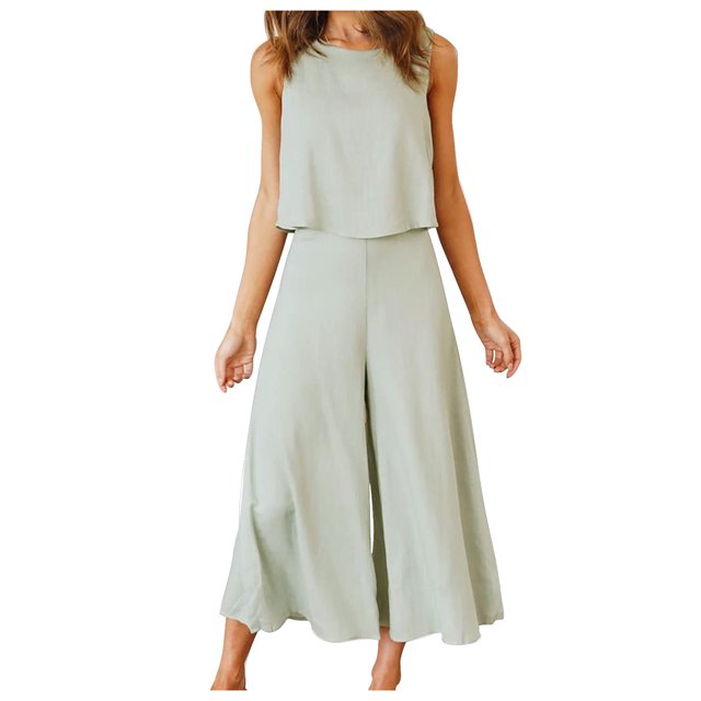 Mikilon Ensemble Élégant pour Femmes 2 Pcs Col Rond Sans Manches Shorts Haut Plus Pantalon Large Coton et Lin Col Rond Sans Manches Shorts, Pantalons Jambes Élargis, Ensemble Pantalon Long Gris m