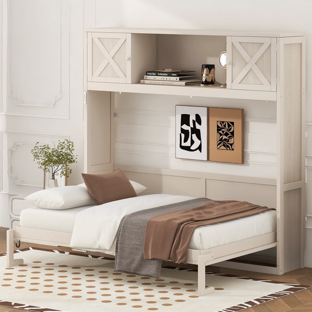 Euroco Wood Queen Size Murphy Bed with Storage Cabinets, Beige
