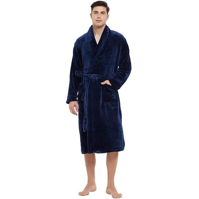 U2SKIIN Mens Fleece Robe in navy, a long plush shawl collar bathrobe with a tie belt and two front pockets. Crafted from premium fleece for warmth and softness, perfect for lounging or relaxing at home during colder months.