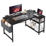 Exenoray L-Shaped Computer Desk with Power Outlet, 48" Reversible Corner Desk, Home Office Workstation with Storage Shelf & Fabric Organizer, Space Saving Gaming Desk, Black
