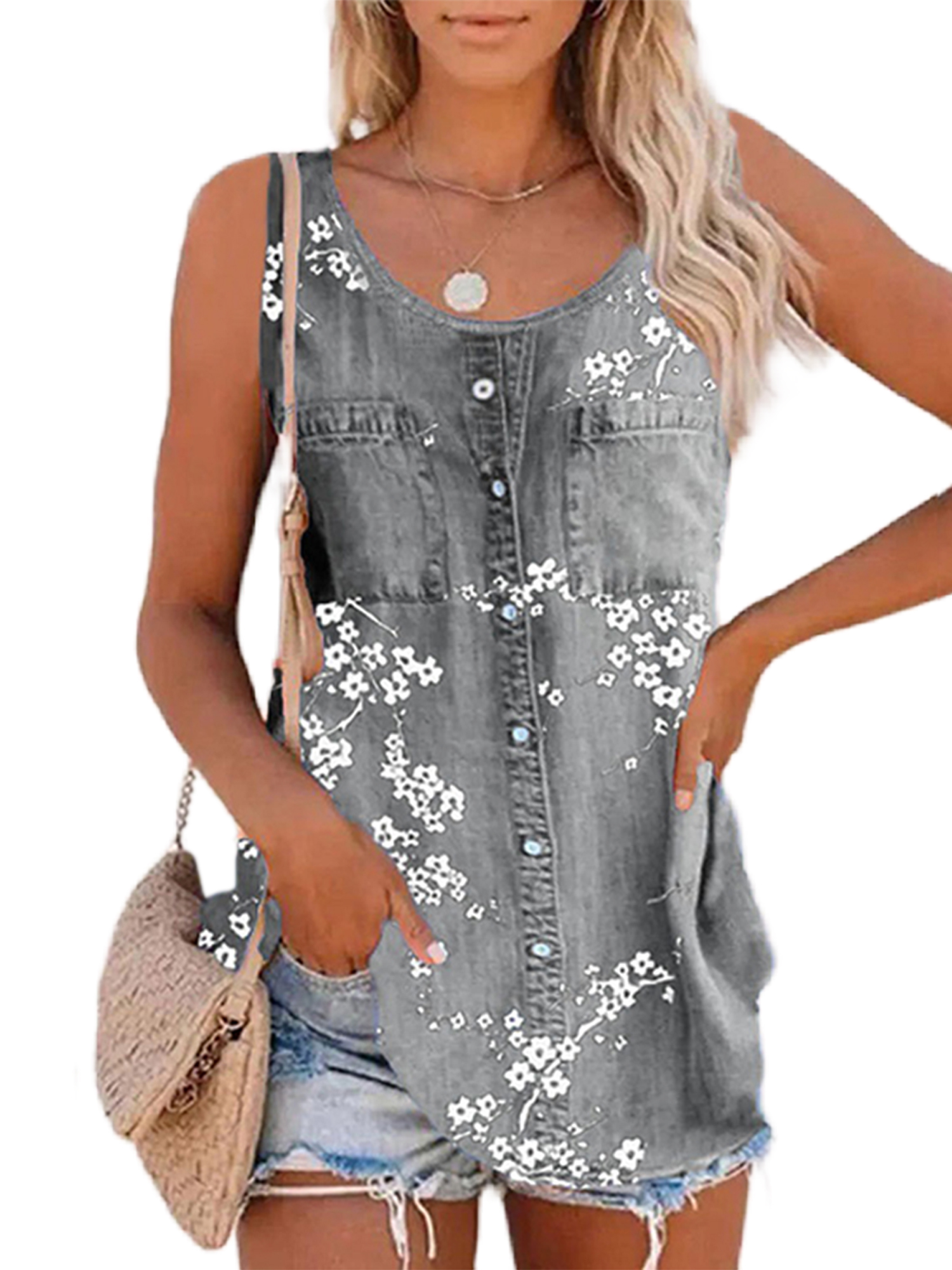 LUXUR Ladies Tops Solid Color Tank Button Denim Vest Loose Tee Shirt Floral Print Blouse Floral Gray 5XL