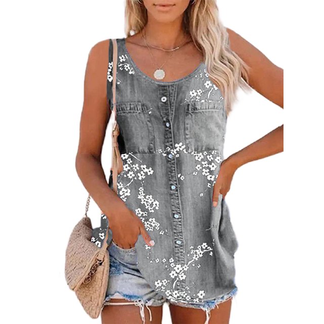LUXUR Ladies Tops Solid Color Tank Button Denim Vest Loose Tee Shirt Floral Print Blouse Floral Gray S