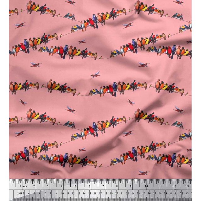 Soimoi polyester Crepe Fabric Colorful Bird Print Fabric by Yard 42 Inch Wide