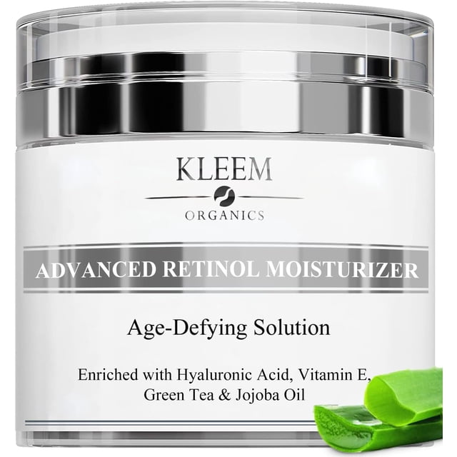 KLEEM ORGANICS Hydratant au Rétinol dans un Pot Blanc et Argenté Élégant, Étiqueté comme Hydratant au Rétinol Avancé et solution Anti-âge. la Crème Est Enrichie de 2,5 % de Rétinol, d'Acide Hyaluronique, de Vitamine E, de Thé Vert et d'Huile de jojoba, Conçue pour Réduire les Rides, les Taches Brunes et les Dommages Causés par le Soleil. Convient au Visage, au Cou et au décolleté, Favorise l'Élasticité, la Fermeté et l'Hydratation de la Peau. une