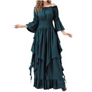 Pisexur Womens Renaissance Dress Ruffle Pleated Medieval Dress Solid Color Long Sleeve Dress Tiered Tunic Cocktail Dress Flowy Vintage Costume Halter Maxi Dress
