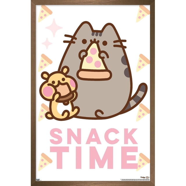 Pusheen - Snack Time Wall Poster, 14.725" x 22.375" Framed depicting a front-facing cartoon gray tabby cat Pusheen holding a pizza slice with pink pepperoni, accompanied by a small beige hamster eating a snack, on a white background with scattered pizza slice illustrations and pink 'SNACK TIME' text, suitable for bedroom, office, or dorm wall decor.