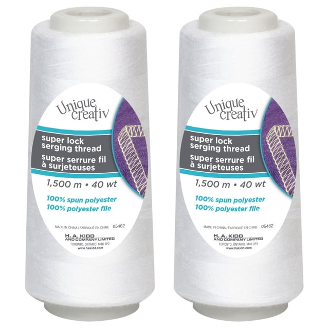 UNIQUE CREATIV TRULOCK serging thread cones in white, 100% spun polyester, 40 wt, 1500 m length, suitable for overlock machines and sewing notions, ideal for clean seams, hems, and edge finishes on knits and wovens, shown as two cones with bilingual labels.