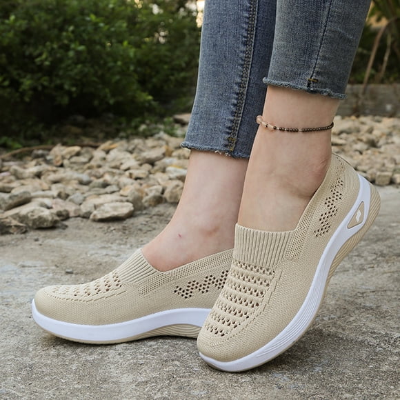 Commforr Walking Shoes Women, Ladies Shoes, Womens Slip on Walking Shoes Comfortable Breathable Mesh Knit Loafer Casual Non Slip Outdoor Workout Running Gym Sneakers, Beige, 6