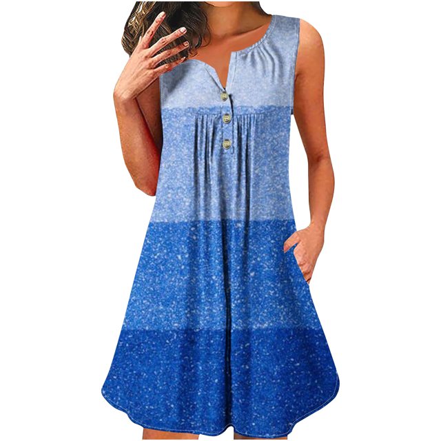 Dvkptbk Robe d'Été Décontractée pour Femme 2024 à Col Rond, Manches Courtes, à Blocs de Couleur, Robe de Plage Boutonnée, Ourlet Évasé, Fluide, Plissée, T-Shirt, Midi, Courte