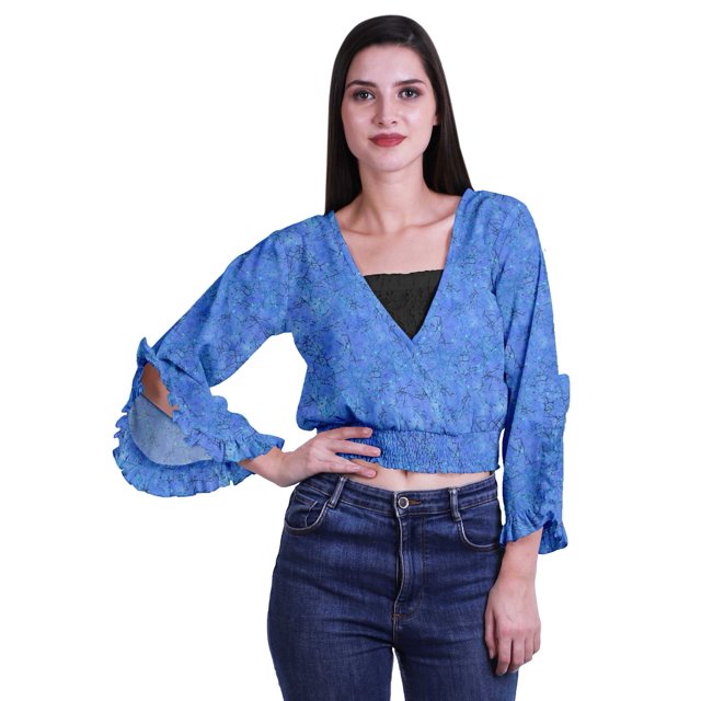 Moomaya Printed Womens Crop Top Wrap Style Top Wear Ruffle Long Sleeve Casual Summer Blouse