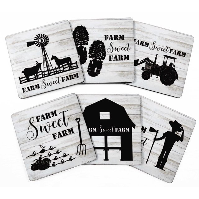 Inkdotpot Set of 6 Drink Coasters DecorativeNon,SlipCork Base4-inch Square PrintedCoastersEasy Clean- Farm Quotes