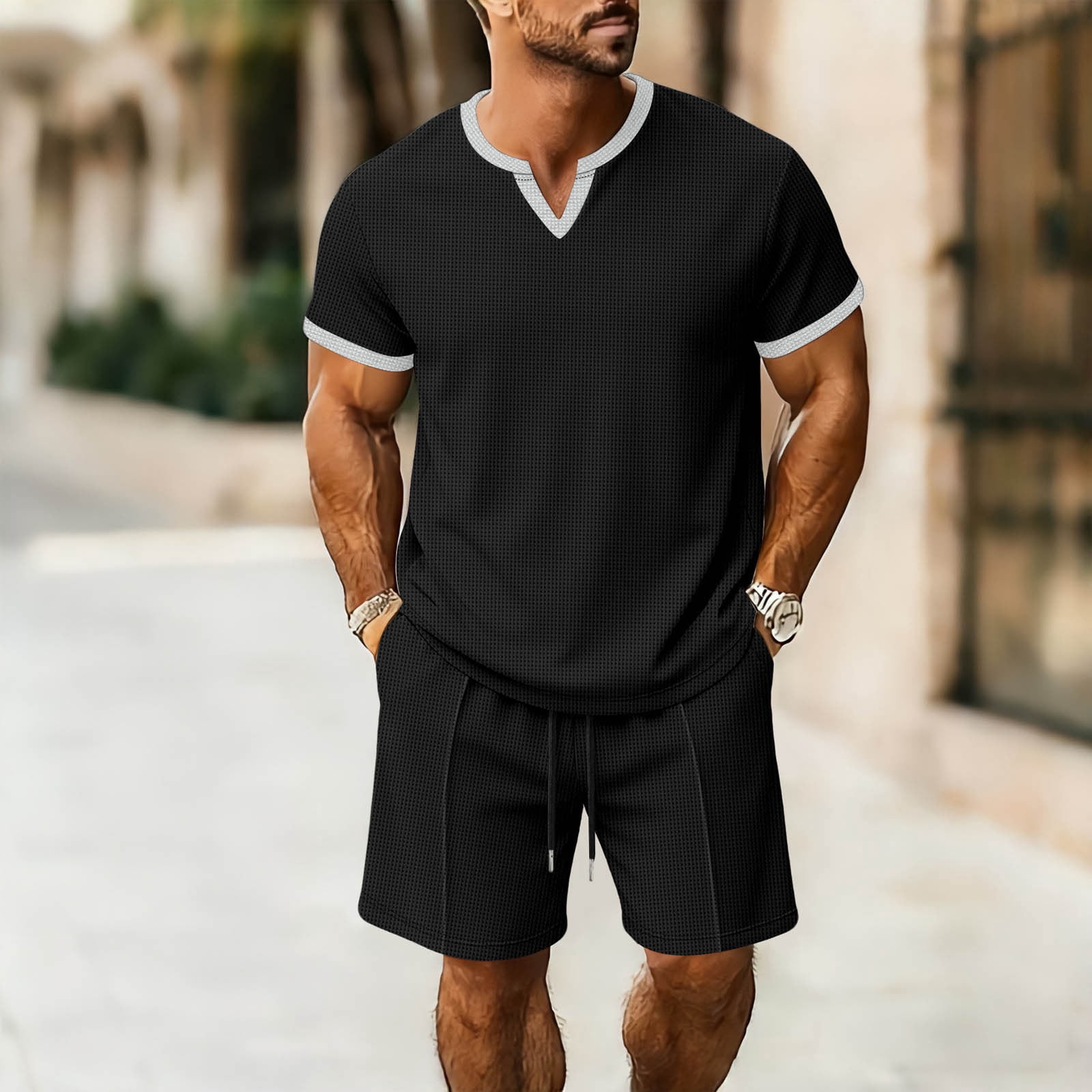 Yaoyar Mens 2 Piece Waffle Knit Set Short Sleeve V Neck Color