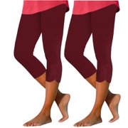 Timegard Womens 2pc Capri Leggings Elastic Waist Solid Color Comfy Slim Crop Pants Casual Bottom Trousers