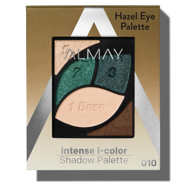 Almay intense i-color Shadow Palette™ Hazel Eye Palette features five numbered eye shadows including a vitamin E-enriched primer base in light beige, two green shimmer shades, a dark teal shimmer, and a brown liner shade in eco-friendly gold and silver packaging, suitable for sensitive eyes and long-lasting wear.