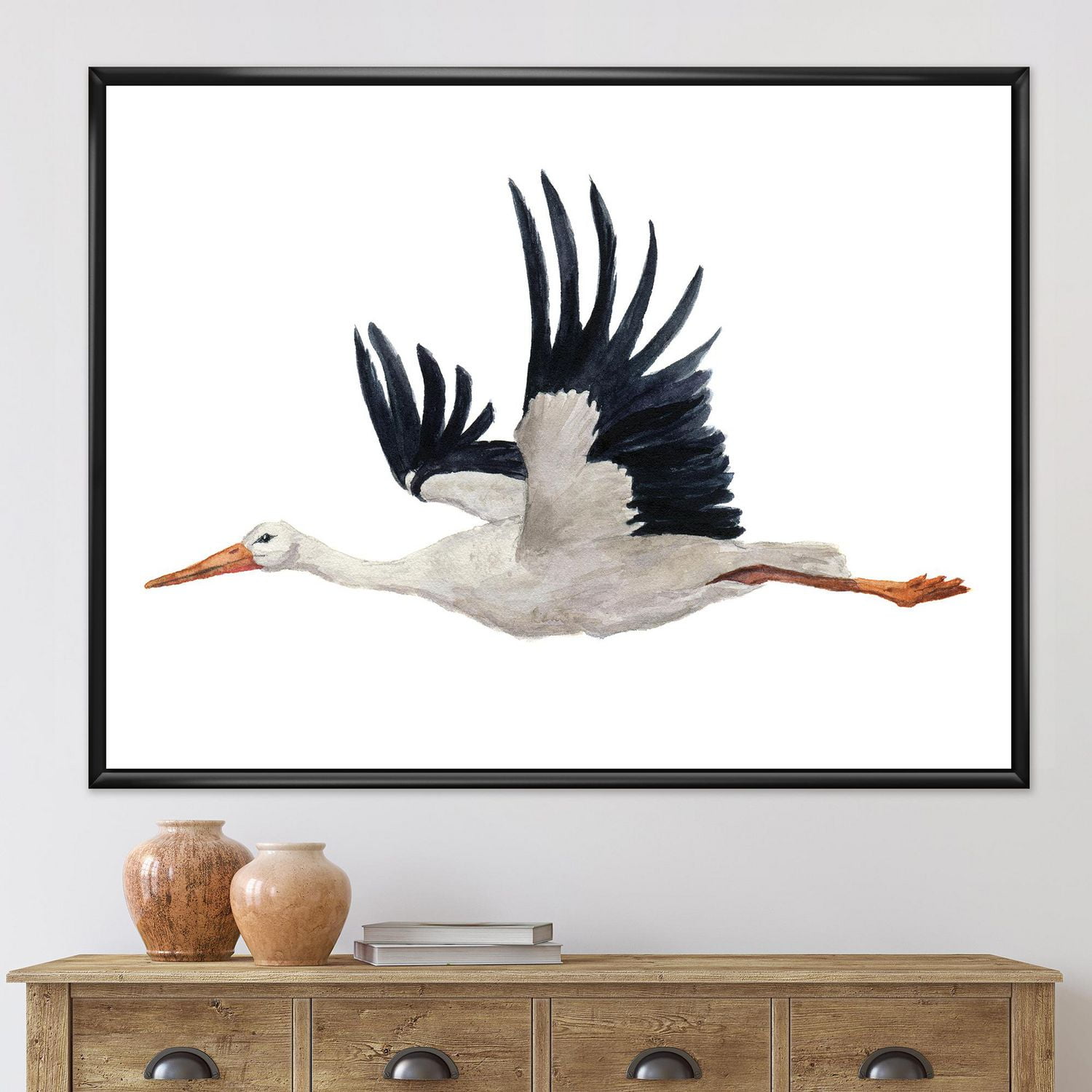 Designart Flying White Stork Ciconia oiseau ART MURAL À CADRE FLOTTÉ