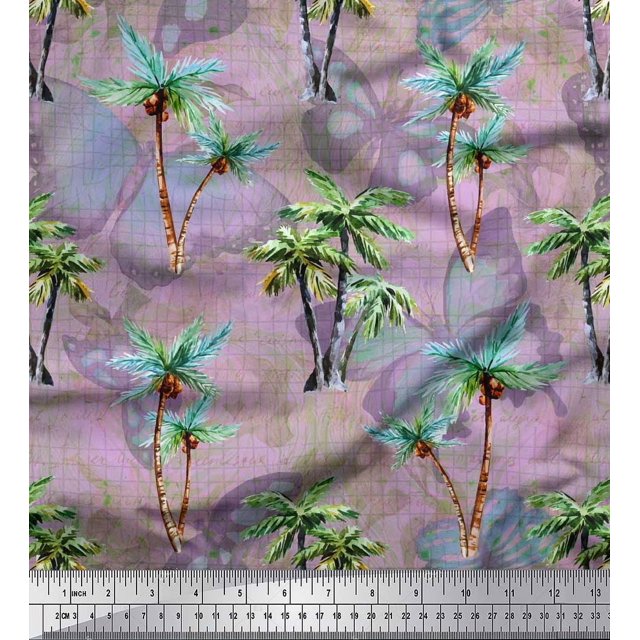 Soimoi Cotton Cambric Fabric Check,Text & Coconut Tree Printed Craft Fabric by The Yard 42 Inch Wide