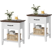 YUSAZENS End Table with Drawer, Nightstand with 2 Tiers Storage Shelves, Side Table with Dresser, Bedside Table for Bedroom, Living Room, Dorm, White and Brown 2pcs