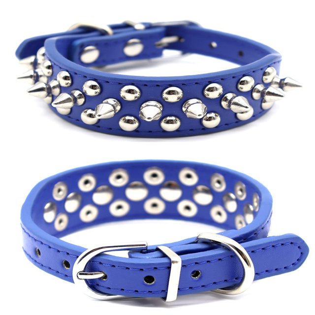 Spiked Studded Rivet Leather Dog Collar for Cats Puppy Small Medium PetsDark BlueXS 30*2.5CM