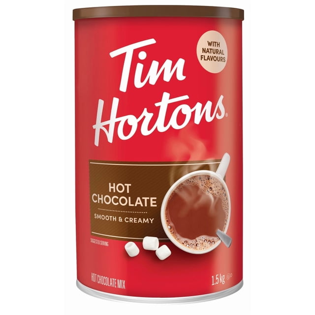 TIM HORTONS HOT CHOCOLATE 1.5 kg classic hot chocolate mix canister in red with brown lid, featuring a steaming cup of smooth and creamy hot chocolate with a spoon and three marshmallows, labelled with natural flavours and original recipe for shelf storage.