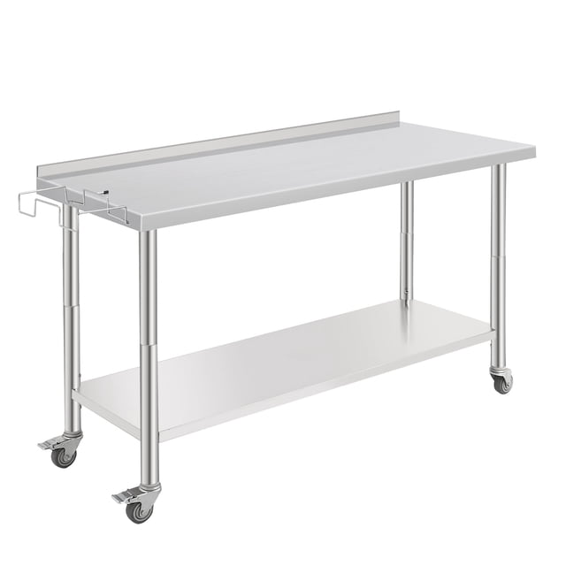 Table de Préparation Commerciale en Acier Inoxydable - 60x24x35 Pouces - Tablette Inférieure Réglable, avec Roulettes, Garde Arrière, Support à Ordures Amovible, Bord Droit, Certifiée NSF