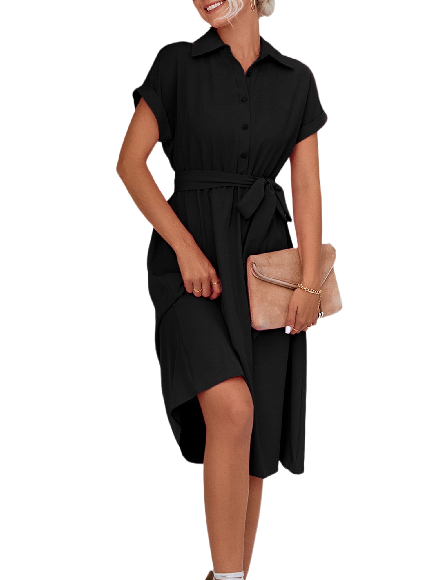 Innerwin Shirt Dress Button Down Ladies Midi Dresses Holiday Short Sleeve Loose Black XL