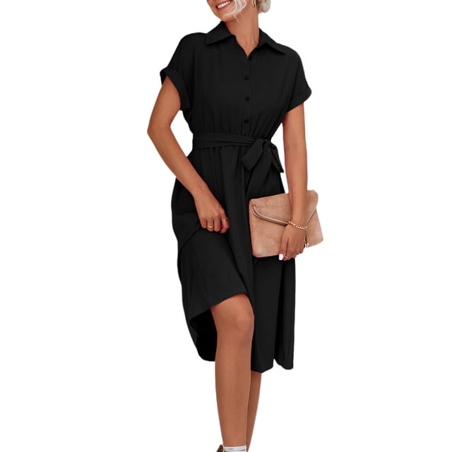 Innerwin Robe Chemise Boutonnée Robes Midi pour Femmes Vacances Manches Courtes Ample Noir TG. une Robe Midi Noire avec devant Boutonné, Manches Courtes et Taille Ceinturée. Faite de 95 % polyester et 5 % Élasthanne, Elle Présente un Tissu Léger et Respirant. Convient aux occasions Décontractées, de Vacances Ou de Fête, Dotée d'Une Pochette et de Talons.