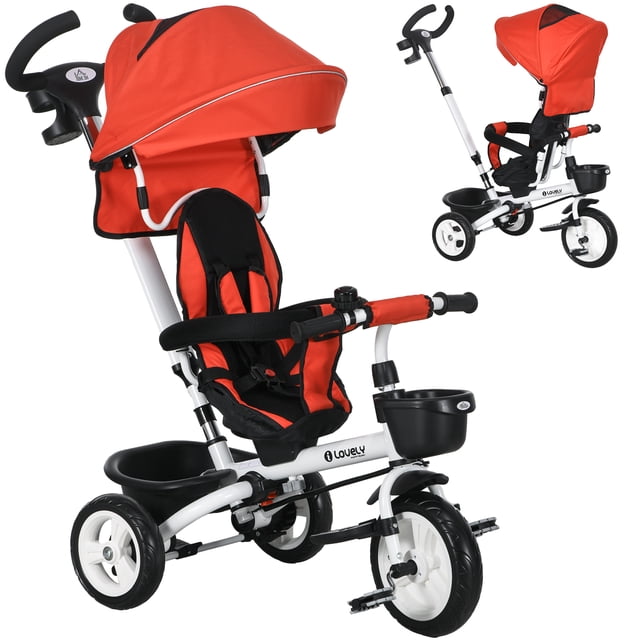 Qaba Tricycle 6 en 1 pour Tout-Petit avec Poignée de Poussée pour Parent, Rouge