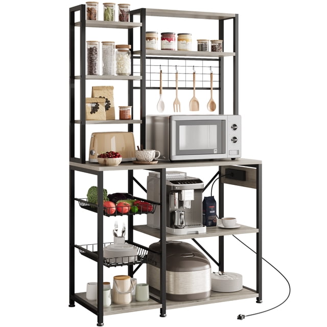 Ourlova Bakers Rack with Power Outlet, Microwave Stand with 2 Wire Drawer, Industrial Coffee Bar Station, 7-Tier Kitchen Bakers Rack with Large Storage