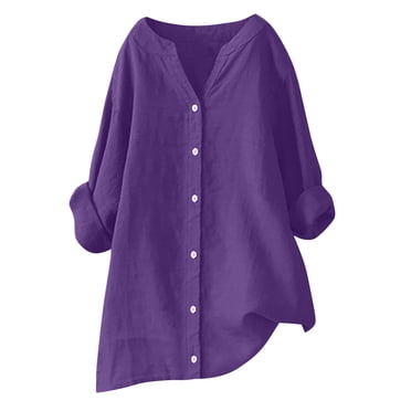 Timegard Long Sleeve Shirts for Women Plus Size Cotton Linen Button up V-Neck Blouse Casual Loose Tops